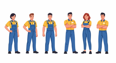 Obraz premium Vector illustration of a diverse team of professional service workers in yellow and blue uniforms standing in different poses.