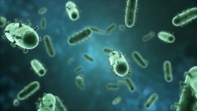 Microscopic view of various bacteria floating in a dark blue environment