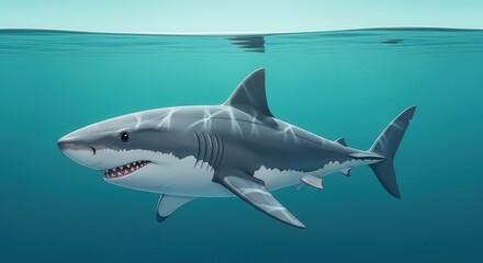 Fototapeta premium Amazing Great White Shark Swimming Underwater in Open Ocean Scene