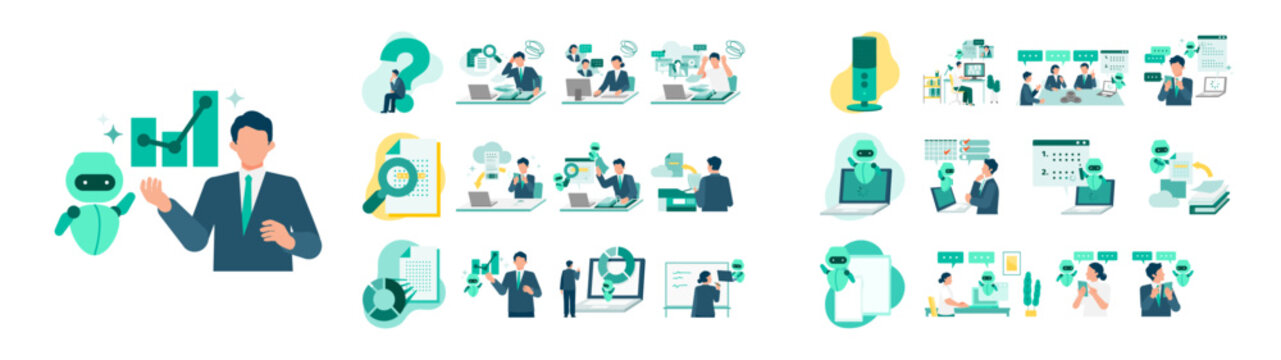 Modern business workforce using artificial intelligence solutions for data visualization and voice recognition to improve workflow efficiency through digital transformation reskilling.