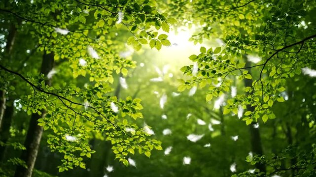 Sunlight filtering through forest leaves trees.