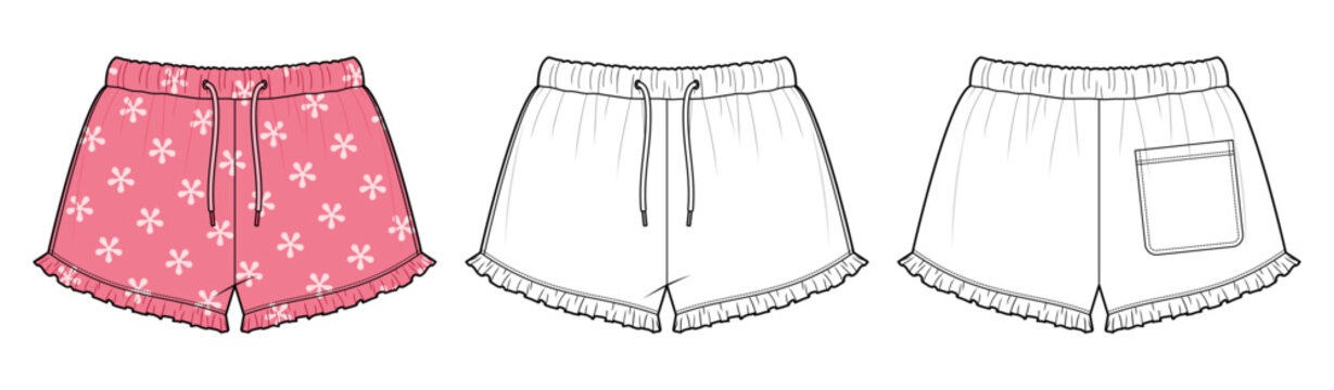 Women&rsquo;s Drawstring Ruffle Hem Lounge Shorts Technical Fashion Illustration. Elastic Waist Drawstring Pajama Shorts with Back Pocket Vector Template. Front and Back View Apparel CAD Mockup.