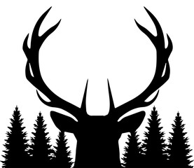 Black Silhouette of Deer Head with Antlers and Pine Forest Landscape © Rezowan 