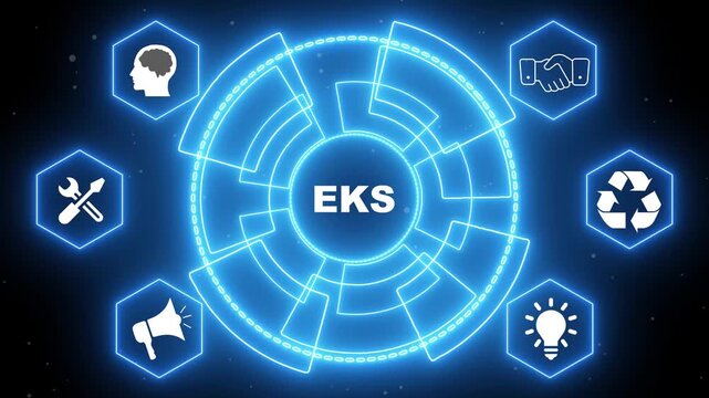 Futuristic Digital Hub with EKS Text and Hexagonal Icons on Dark Background technology innovation