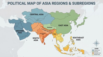 Political Map of Asia, Illustrating Distinct Regions and Subregions with Clear Labeling and Color Coding for Geographic Understanding. © Titus Pramudya