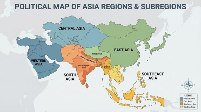 Political Map of Asia, Illustrating Distinct Regions and Subregions with Clear Labeling and Color Coding for Geographic Understanding.