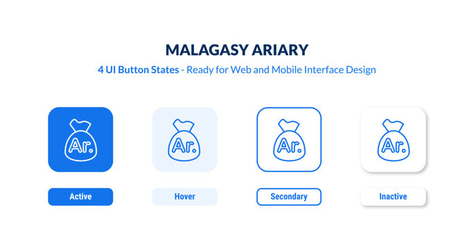 malagasy ariary UI button states set. Outline icon kit from africa collection. Thin linear malagasy ariary, madagascar, currency editable vector. Line vector malagasy ariary sign