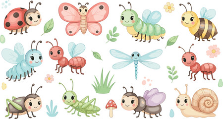 Cute cartoon insects collection with butterfly bee ladybug dragonfly ant snail and grasshopper colorful kids style vector illustration set © ISMOTARA