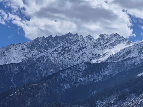 Snow-covered mountain ridges of Bugyal Koti with dense pine forests in Uttarakhand, India.