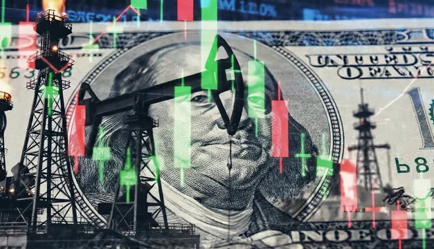 Global energy market concept with oil pumps over US dollar background. Financial trading charts and stock quotes on resource extraction backdrop