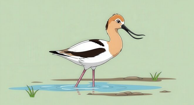 Beautiful Avocet Bird Standing in Shallow Water with Natural Environment