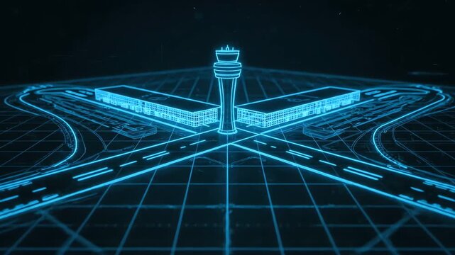 4K Digital Airport Blueprint Grid Animation of Terminal Infrastructure
