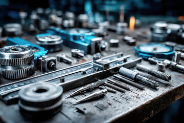 Precision instruments lie on a gritty workbench, including a caliper and assorted gauges, suggesting quality control and meticulous craftsmanship in manufacturing