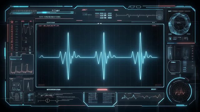 A futuristic medical monitor displaying a blue electrocardiogram reading in a dark technological environment.