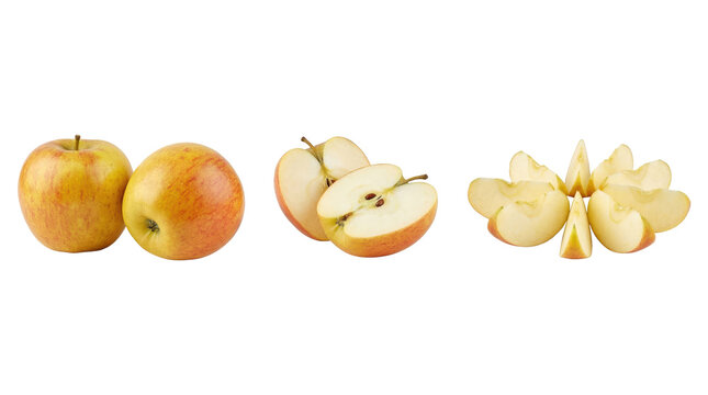 Elegant display of Jonagold apples showcasing whole fruits, halved pieces revealing seeds, and arranged slices, all presented against a transparent backdrop, emphasizing freshness and versatility
