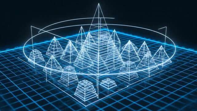 Futuristic pyramid construction blueprint grid animation 4K video