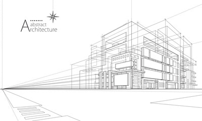 3D illustration abstract urban building out-line drawing of imagination architecture building construction design. © yewkeo