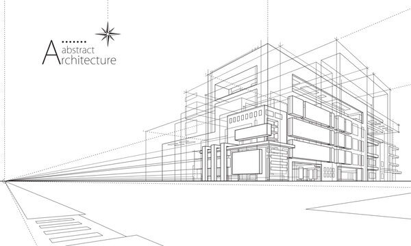 3D illustration abstract urban building out-line drawing of imagination architecture building construction design.