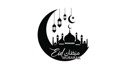 A striking eid mubarak design featuring a crescent moon cityscape and lanterns a silhouette © nhpvect02