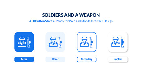 Naklejka premium soldiers and a weapon UI button states set. Outline icon kit from army collection. Thin linear soldiers and a weapon, weapon, military editable vector. Line vector soldiers and a weapon sign