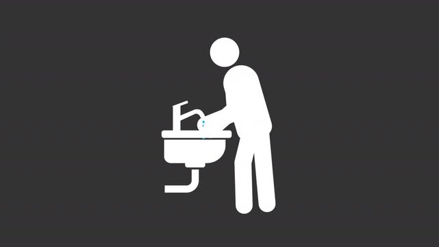 Person washing hands white glyph stickman animation. Personal hygiene healthcare. Removing dirt with water and soap. Dynamic stick figure isolated on black background. Animated solid silhouette motion