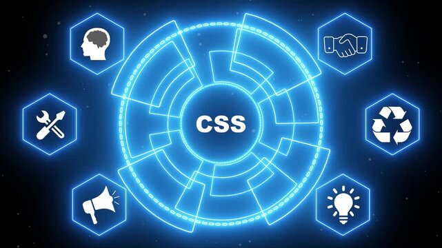Digital CS concept with glowing neon icons and circular interface on dark background cascading style sheets