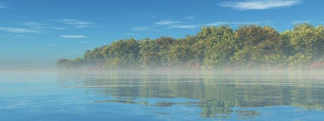 Forest over a river, trees over water, park over a lake, forest and water, 3D rendering © ustas