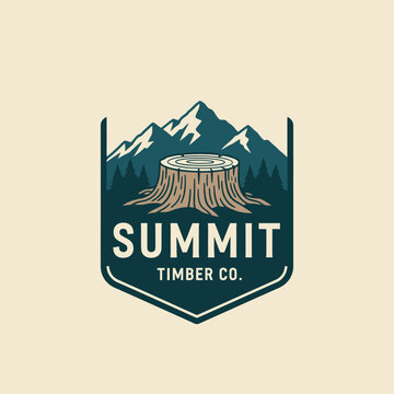 Summit Timber Co. logo featuring mountains, tree stump, and forest elements.
