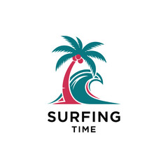 Fototapeta premium Surfing Time Logo - Palm Tree and Ocean Wave Design for Summer Fun.