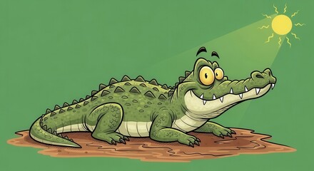 Fototapeta premium Cartoon Crocodile Resting on Muddy Ground Under Bright Sun for Children's Illustration