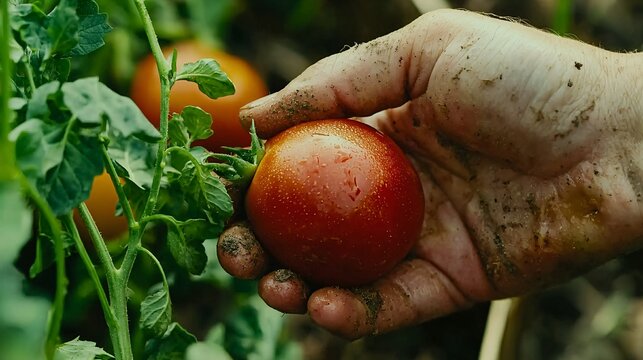 Picking ripe tomatoes with dirty hands