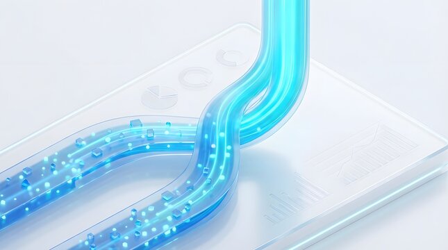 Glowing blue data streams merging on an analytics dashboard representing corporate synergy and growth.