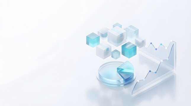 3D isometric business analytics concept with translucent glass charts and data blocks on white background