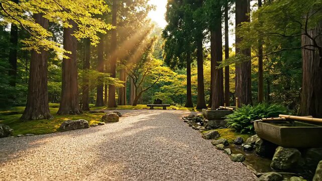 Sun rays illuminate a tranquil gravel path leading through a serene japanese garden forest.