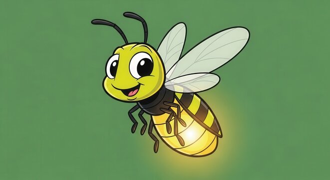 Cute Cartoon Bee with Large Eyes Flying Against Green Background for Kids and Nature Content