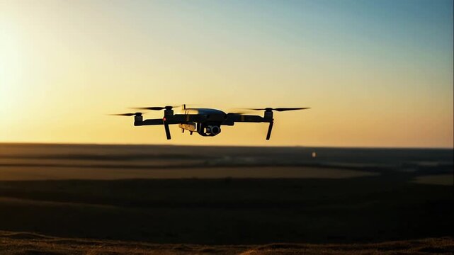 Modern quadcopter flying in clear sky at golden sunset, tech device moving through air against warm evening light with horizon view. Concept of freedom and modern remote control aerial technology