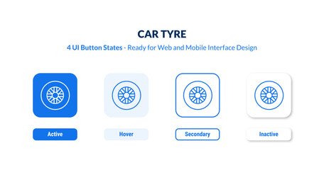 car tyre 4-state UI button. Outline icon kit from car parts collection. Thin linear car tyre, car, repair editable vector. Minimal car tyre sign for web and mobile interface