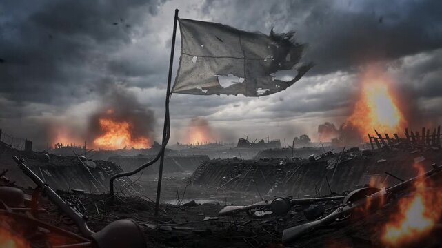 Dramatic battlefield scene with torn flag and fiery explosions during war conflict under stormy sky