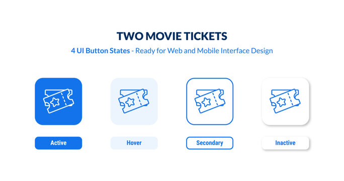 two movie tickets UI button states set. Outline icon kit from cinema collection. Thin linear two movie tickets, movie, concert editable vector. Line vector two movie tickets sign for web and mobile