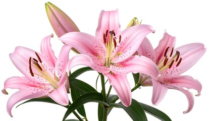 A cluster of delicate pink flowers with spotted petals, showcasing vibrant pistils and graceful green stems against white
