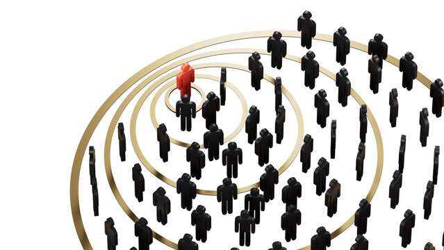 3D illustration of Wooden piece with circles. Concept of influencer marketing and spheres of influence.Supports PNG files with transparent backgrounds.