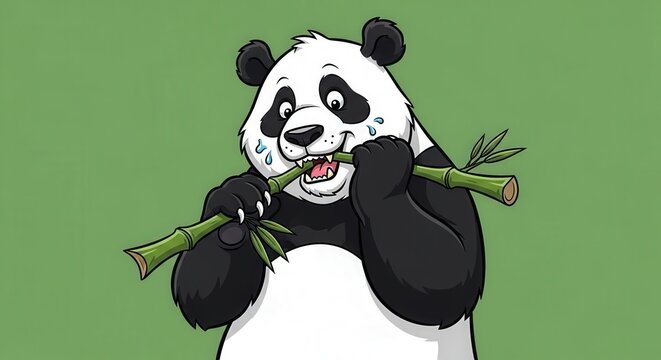 Cute Cartoon Panda Bear Eating Bamboo Leaves in Green Background