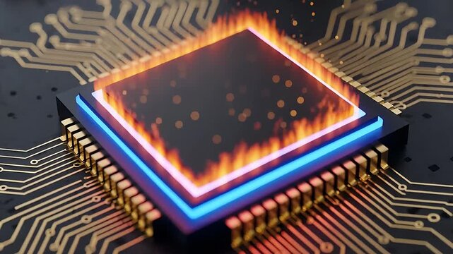 A glowing computer chip on a circuit board, illustrating heat and processing power.