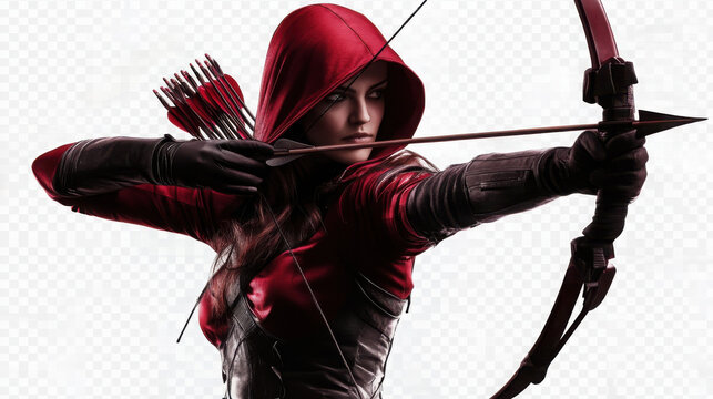 A female archer dressed in red and black attire aiming a bow