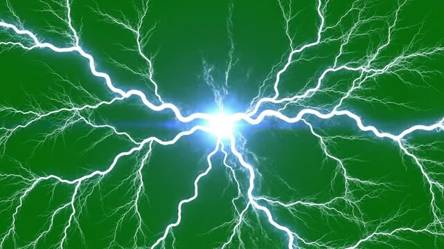 Electricity crackles through a network of white lightning bolts on a green background with a bright central glow.