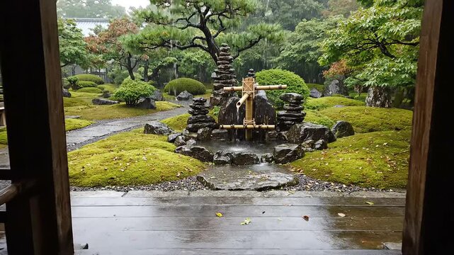Tranquil japanese garden captured as broll illustrating daily traditional life, viewed through wooden framing.