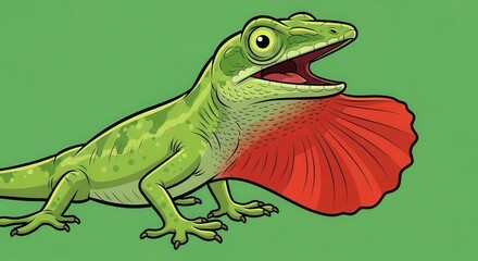 Fototapeta premium Illustrative Cartoon of a Dinosaur with a Red Fan Tail in a Green Background