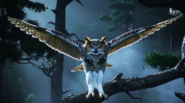Majestic Horned Owl Perched on a Tree Branch in a Misty Forest
