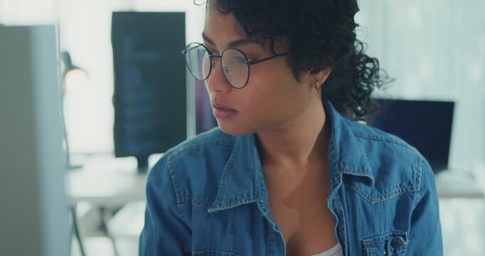 Close-up young professional African American female programmer coding AI software on screens in modern home office. Generative AI, machine learning, digital innovation, future technology concept.
