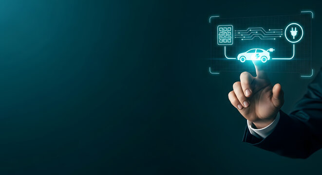 Businessman touching holographic digital display of electric vehicle connected to microchip representing smart mobility and autonomous driving
